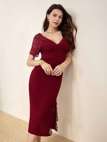 Hourtrue Váy ngủ Pajama ren tương phản xẻ đùi - Đỏ - Xem 11