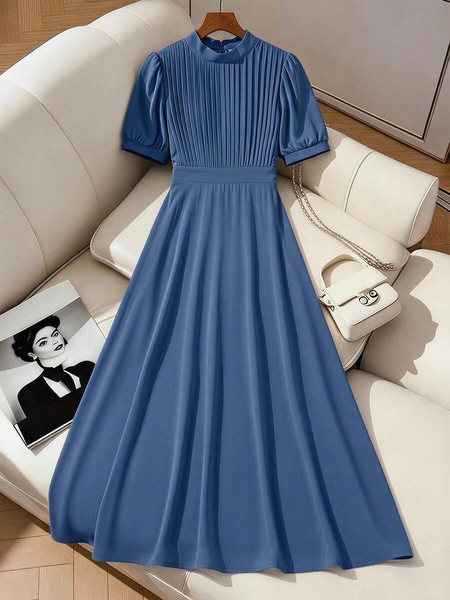 Aveloria Franclia Đầm chiffon thanh lịch dành cho nữ với thiết kế xếp ly ở phần ngực, tay áo kiểu công chúa, thắt eo, chân váy xòe, kiểu dáng tối giản, đa năng, thích hợp cho công sở và đi làm. - cái hồ màu xanh - Xem 1