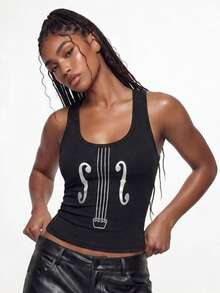 ROMWE Top sin mangas ajustado con estampado de violín en lámina plateada, estilo punk para festivales de música de verano - Negro - Ver 4