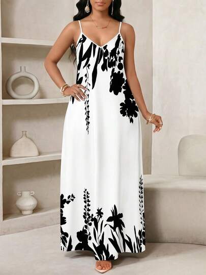 SHEIN Lady Plus Size Women Vacation Plant Print Casual Slip Dress
