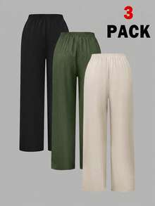 SHEIN Essnce Plus-Size Women's 3 Pack Wide-Leg Pants,Dark Green Autumn Smart Casual Everyday Elastic Waist Loose Baggy Comfortable Versatile Basic Bottom - Multicolor - View 4