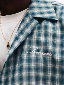 SUMWON Vintage Inspired Oversized Plaid Check Button Down Shirt Script Logo Embroidery Raw Hem Detail - Blue - View 4
