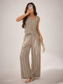SHEIN PETITE Women's Beige Summer Casual Striped 2 Pieces Set,French Retro Sleeveless Button Front Tank Top And Wide-Leg Pants,Vacation Holiday Beach Party Outfit - Khaki - View 1