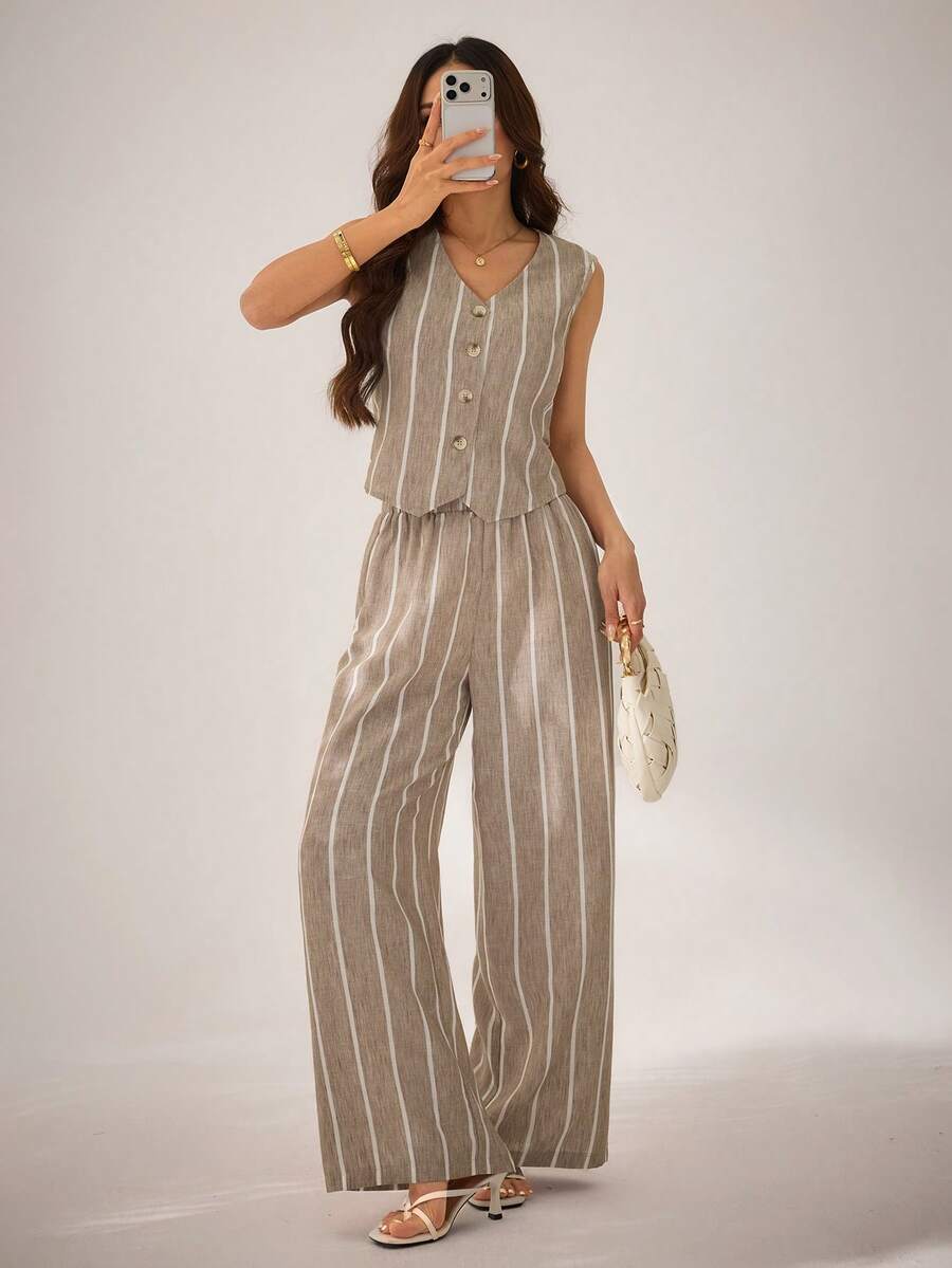SHEIN PETITE Women's Beige Summer Casual Striped 2 Pieces Set,French Retro Sleeveless Button Front Tank Top And Wide-Leg Pants,Vacation Holiday Beach Party Outfit - Khaki - View 1