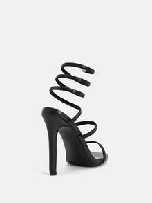 Glitzique Sandalias de tacón fino con rhinestones negros encantadoras para damas, diseño de cordón en la pierna con decoración de rhinestones y punta cuadrada, sandalias de tacón alto fino para primavera y verano - Negro - Ver 9