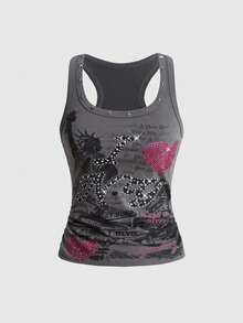 ROMWE Women's Y2K Retro Streetwear All-Match Sexy Slogan Print Rhinestone Tank Top - Grey - View 1