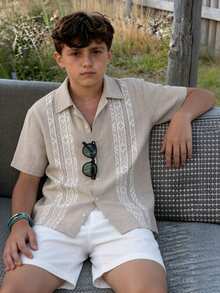 Teen Boy Beige Textured Polo Collar Casual Suit,Vertical Print,White Straight Shorts,Allwhite,Summer,FamilyGathering,BirthdayParty,Vacation - White - View 3
