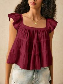 SHEIN Frenchy Women's Solid Color Square Neck Ruffle Hem Blouse,Summer Top - Burgundy - View 3