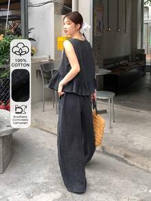 DAZY 女士纯色韩版无袖上衣和宽松阔腿裤两件套家居服套装，夏季短款套装 - 灰色 - 查看 2