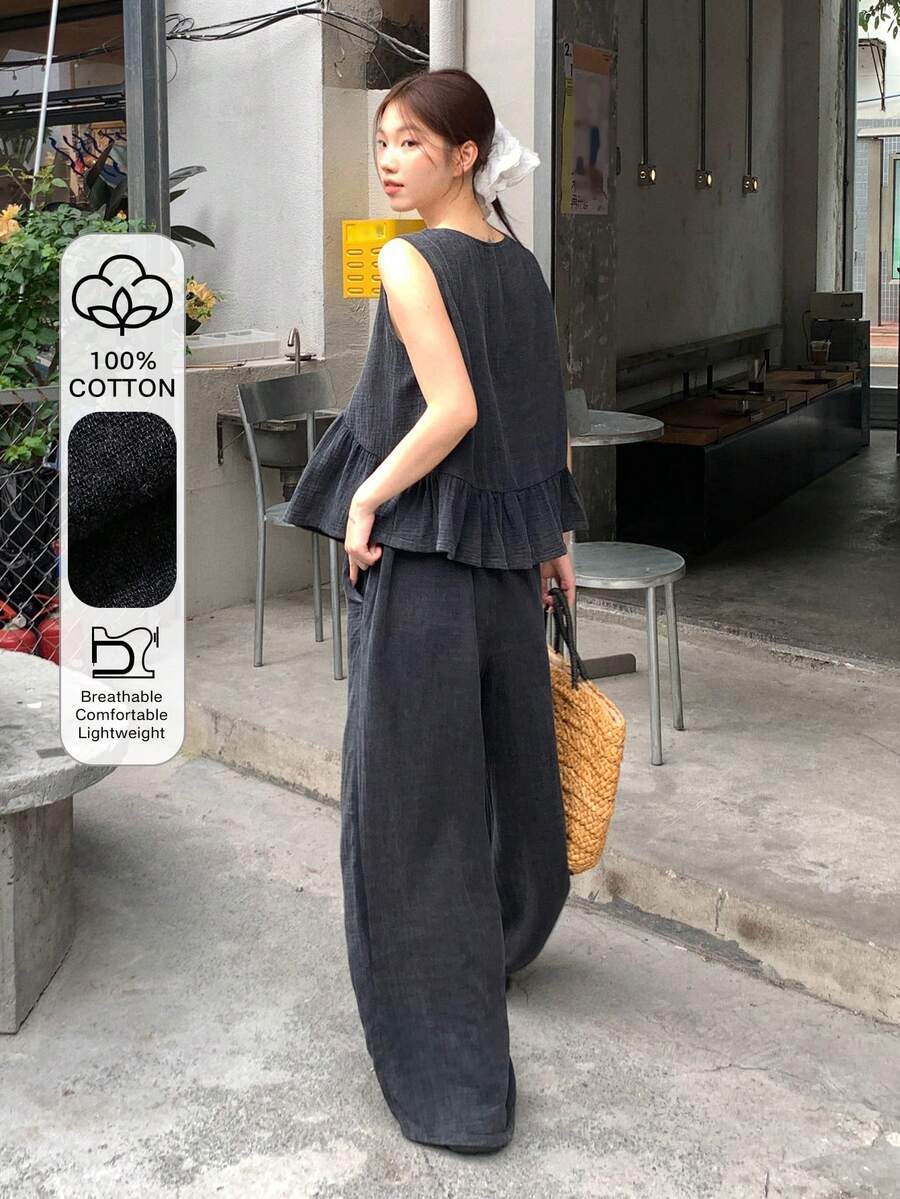 DAZY 女士纯色韩版无袖上衣和宽松阔腿裤两件套家居服套装，夏季短款套装