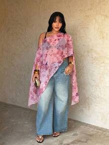 Rustia Áo kiểu nữ cỡ lớn thời trang, thanh lịch, họa tiết da báo, dáng bất đối xứng, chất liệu chiffon hơi xuyên thấu. - Hồng - Xem 3
