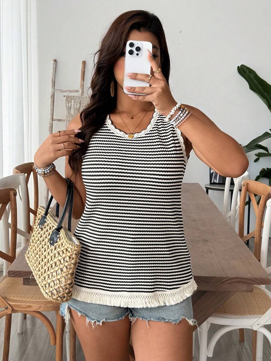 SHEIN VCAY 大码女式条纹圆领休闲百搭背心 - 黑與白 - 查看 1