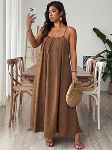 SHEIN VCAY Vestido de alças feminino plus size com estampa de leopardo, estilo férias, vestido de verão feminino - Castanho - Ver 3