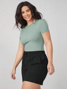 SHEIN BASICS 大码女式纯色圆领短袖休闲百搭T恤 - 薄荷綠 - 查看 5