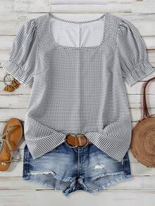 SHEIN LUNE Plus Size Women Plaid Square Collar Short Puff Sleeve Casual Shirt - Black and White - View 1