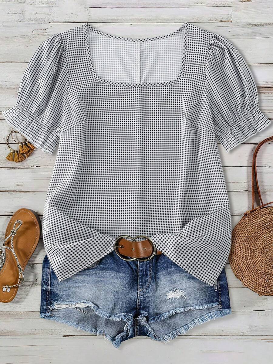 SHEIN LUNE Plus Size Women Plaid Square Collar Short Puff Sleeve Casual Shirt - Black and White - View 1