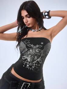 Y2Kool Crop top ketat bertali serut motif Y2K dengan detail salib, hati, sayap, bintang, dan rhinestones, cocok untuk pesta musim semi/panas, liburan, perjalanan ke pantai, festival musik, dan pemakaian sehari-hari. - Hitam - View 5