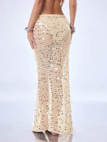 Y2Kool Shiny Mesh See-Through Sexy Hollow Out Y2K Babe Casual Island Holiday Beach Vacation Cover Up Skirt Set, Suitable For Spring/Summer Party, Beige - Beige - View 2