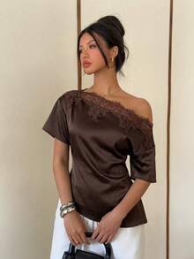 SHEIN PETITE CURVE Plus Size Women's Solid Color Contrast Lace Elegant Asymmetrical Shoulder Blouse - Brown - View 5