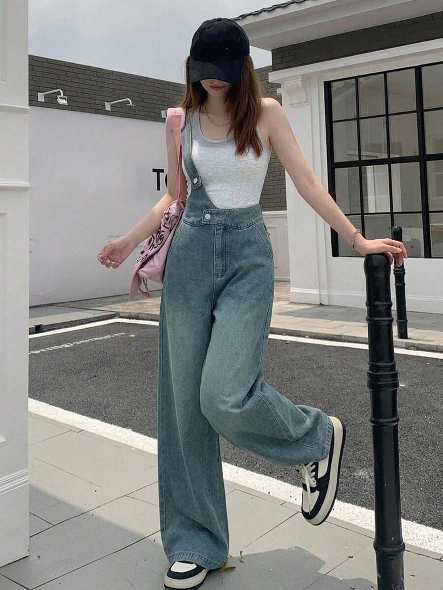 DAZY Women's Casual One Shoulder Wide Leg Denim Overalls, Summer - Medium Wash - View 1
