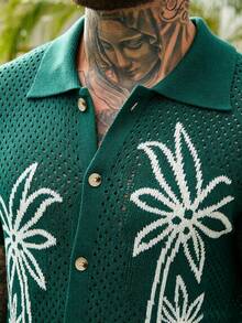 VENTUSAIL Men's Palm Tree Pattern Hollow Out Knit Short Sleeve Top, Holiday - Dark Green - View 8