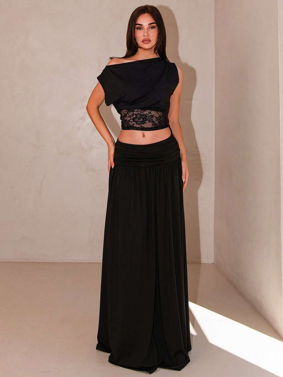 Bris Aura Falda larga negra de estilo maxi para mujer, ideal para uso casual, de oficina, de fiesta, de primavera, de despedida de soltera o de concierto, con un estilo romántico de los 90s y Y2K - Negro - Ver 1
