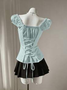 para Mujer, Minimalista, Dulce y Fresca, con Volantes, de Un Solo Hombro y Manga Abullonada, Vestido Corsé Blanco de Primavera/Verano, Vestido Blanco con Escote Corazón, Vestido Vintage OSPV - verde menta - Ver 2