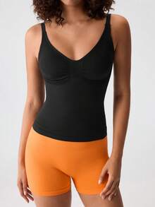 Loungeista Tank Top Camisole Wanita Model V-Neck Slim Fit, Pakaian Olahraga Musim Panas Dasar untuk Musim Panas - Hitam - View 5