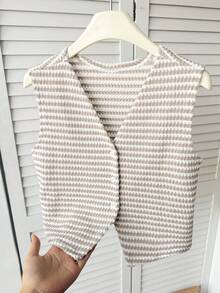 SHEIN Áo tank top không tay cổ chữ V cài cúc phía trước, họa tiết kẻ sọc dành cho bé gái tuổi teen, kiểu áo kẻ sọc, thích hợp mặc mùa xuân hè thu, đi làm, thanh lịch, thường ngày, mặc hàng ngày. - Màu Khaki - Xem 4