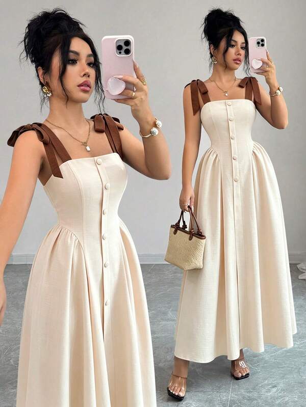 Elenzga New Arrival Tie-Shoulder Textured Bicolor Woven Midi Dress, Youthful Elegant Versatile Office Wear