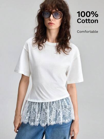 Ontre เสื้อยืดผู้หญิงสีงาช้าง ผ้าพรีเมียมใส่สบาย คอกลม แขนสั้น ทรงเข้ารูป ปักลายฉลุ ชายเสื้อครอป งานฝีมือระดับไฮเอนด์ ใส่ได้ทุกฤดู สไตล์โมเดิร์นแคชชวลในเมือง ลุคธุรกิจแคชชวล ใส่ทำงาน ออฟฟิศ สไตล์ Old Money เรียบหรู ดูดี มีระดับ ใส่สบาย เดินทางในเมือง แฟชั่นสนามบินคุณภาพสูง สไตล์โบฮีเมียน
