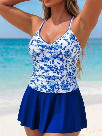 Swim Lushoire Bộ đồ bơi tankini cổ chữ V in họa tiết sứ xanh trắng dành cho nữ cỡ lớn