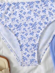 SHEIN 青少年女孩花卉海灘度假泳衣套裝，附外罩裙 - 藍色 - 查看 3