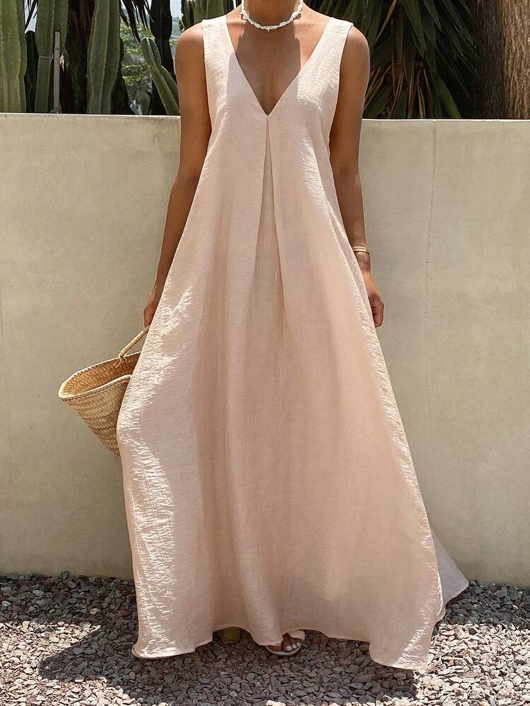 DAZY Solid Color Loose V-Neck Backless Tie-Up Elegant Vacation Summer Long Dress Women's Summer Spaghetti Strap Dress