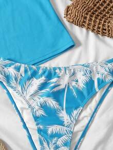 SHEIN Teen Girls Black & Colorblock Palm Tree Pattern Modest Bikini Set, Short Sleeve Top And Bottoms, Suitable For Vacation, Beach, Swimming - Blue - View 4