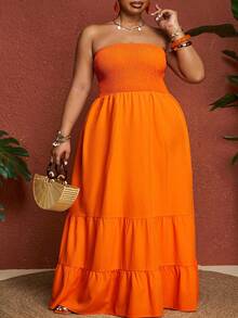 SHEIN CURVE+ Đầm mùa hè Slayr Vacation Casual màu xanh lá cây trơn, không dây vai, cỡ lớn dành cho nữ. - trái cam - Xem 9