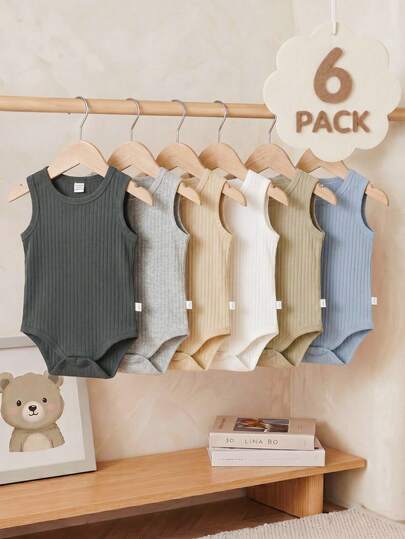 SHEIN Vintaside Kids 6pcs Baby Boys Summer Multi-Color Sleeveless Bodysuit Six Sets, Covering Black, White, Gray, Dark Apricot, Light Blue, Light Khaki And Other Classic Colors