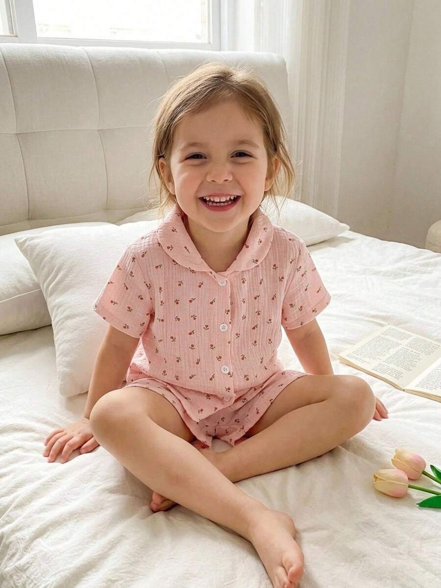Elladie kids 女童郁金香碎花短袖翻领睡衣套装，夏季家居服 - 淺粉色 - 查看 1