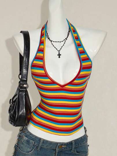 SHEIN ICON Sexy Plunging Neck Tie Halter Neck Rainbow Striped Top