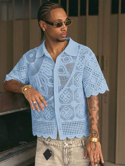 AXEPEAK Men's Solid Color Hollow Out Short Sleeve Single-Breasted Knit Cardigan