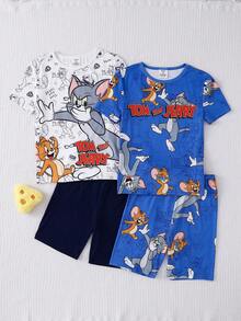 TOM & JERRY X SHEIN GraphicGems 夏季青少年男童可爱卡通联名印花柔软舒适弹力贴身短袖短裤四件套睡衣 - 彩色 - 查看 3