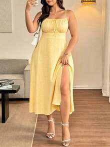 Vionelle Plus Size Spaghetti Strap Backless Waist Cinching Slit Sexy Business Casual Traditional Flapper 1920s Elegant Dress Butter Yellow Summer Brunch - Yellow - View 3