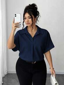 Elenzga Áo kiểu tay ngắn dáng suông cỡ lớn, cổ bẻ, màu trắng tinh, kiểu cánh dơi. - Xanh đậm - Xem 5
