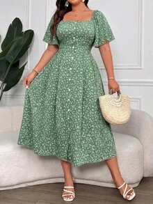 Vionelle Plus Size Women's Ditsy Floral Print Square Collar Buttoned Dress Maxi Women Outfit - Green - View 1
