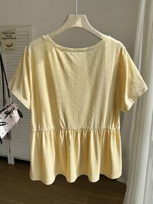 Comfortcana Plus Size Women Summer Casual Solid Color Short Sleeve Top Gym Brown - Yellow - View 2