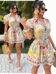 SHEIN SXY 女士印花单排扣A字波西米亚风度假连衣裙 - 彩色 - 查看 7