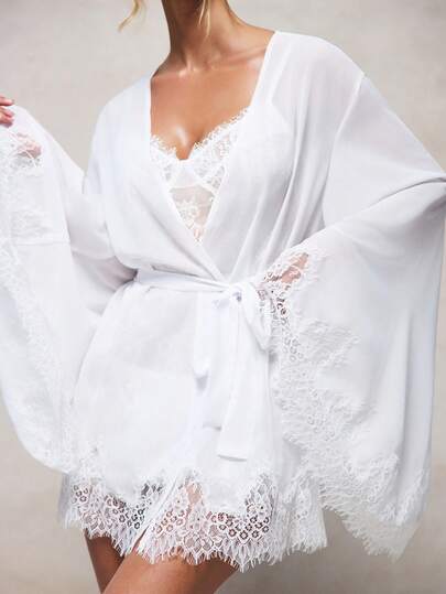 KIZN 薄纱蕾丝边迷你睡袍新娘和服式裹身裙系带蜜月闺房