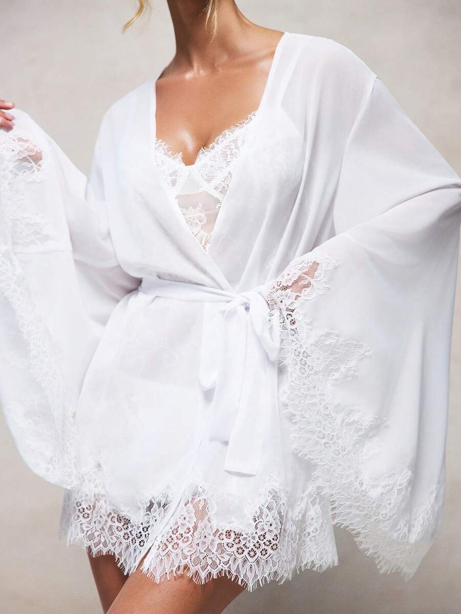 KIZN Bata de gasa transparente con ribete de encaje, mini bata de novia, kimono envolvente con cinturón para luna de miel y boudoir - Blanco - Ver 1