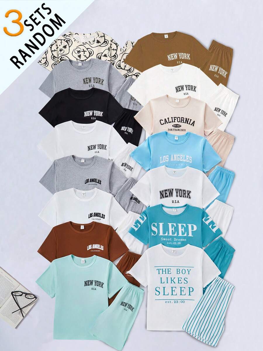 SHEIN (Random 3 Sets) Boys White Summer Casual Holiday Back-To-School English Letter & Graphic Print Short Sleeve T-Shirt And Shorts 3-Piece Loungewear Set - Multicolor - View 1