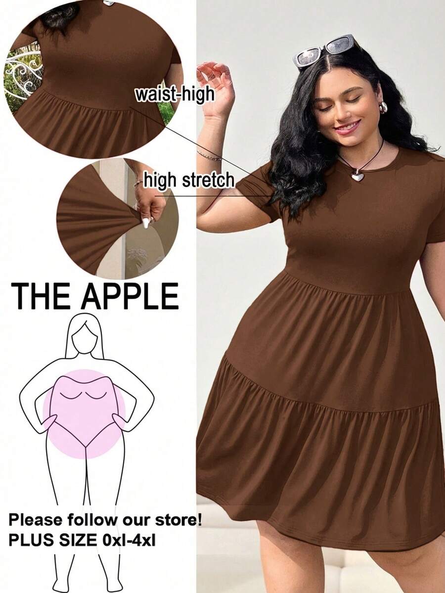 Solflare Black Short Sleeve Loose Fit Plus Size T-Shirt Dress, Spring Summer Clothes - Coffee Brown - View 1